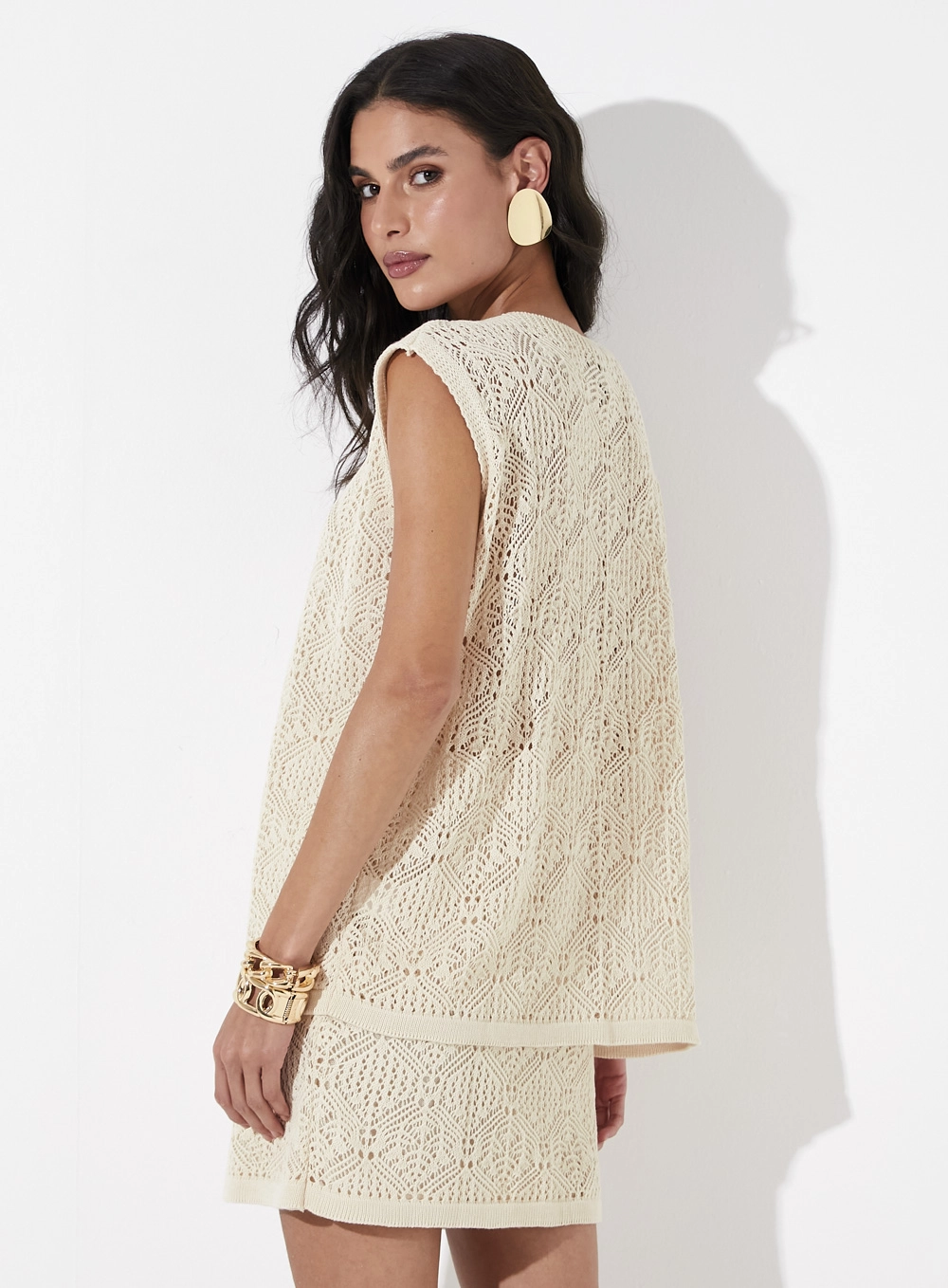 Blusa Cavada Decote V Tricô Bege 2