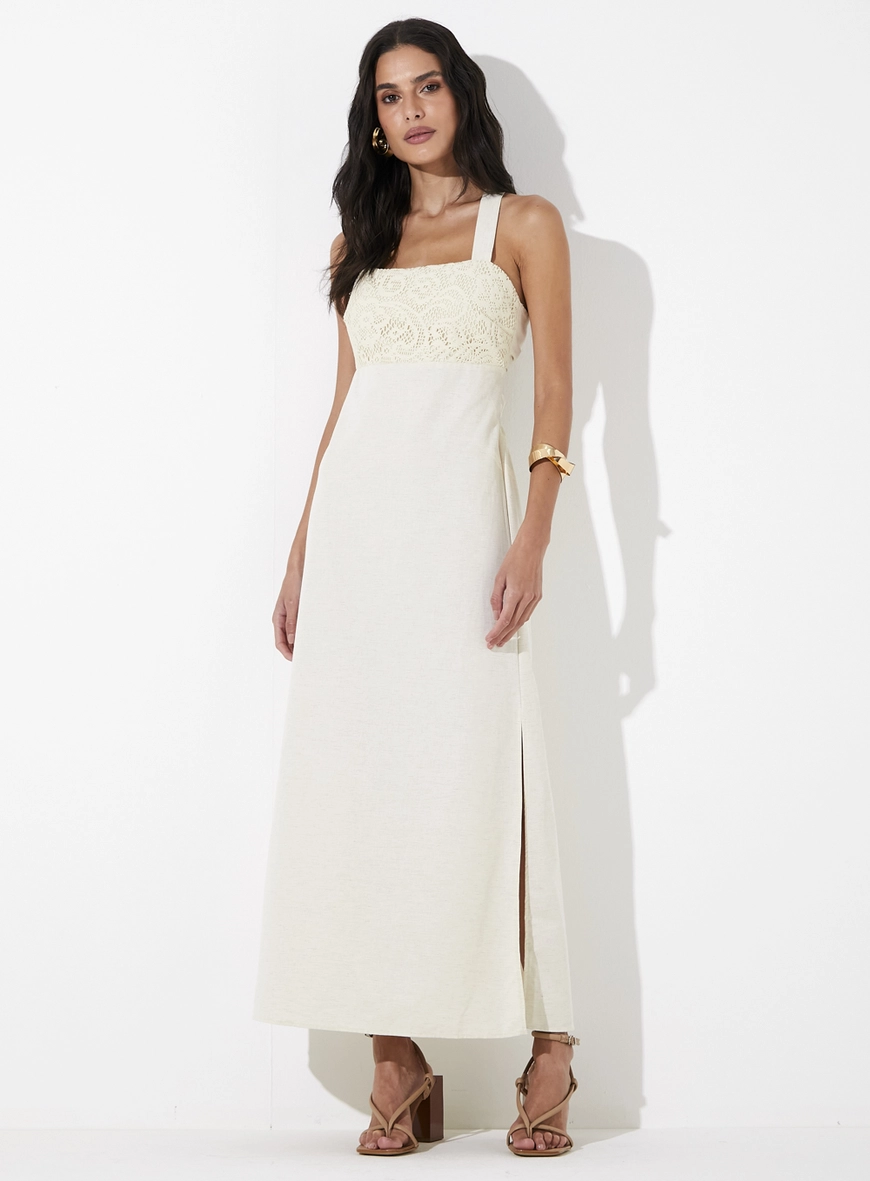 Vestido Linho Detalhe Renda Bege 1