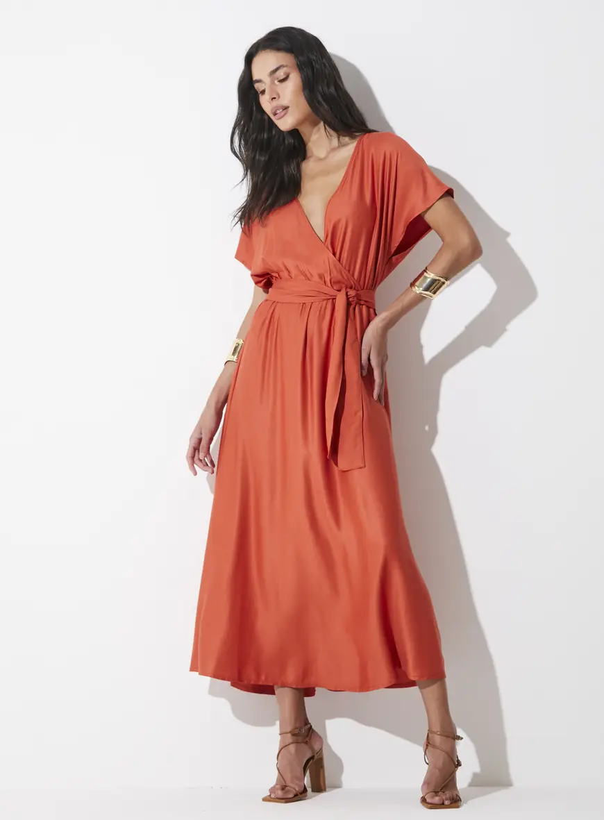 Vestido Midi Evasê Com Cinto Para Amarrar Laranja 1