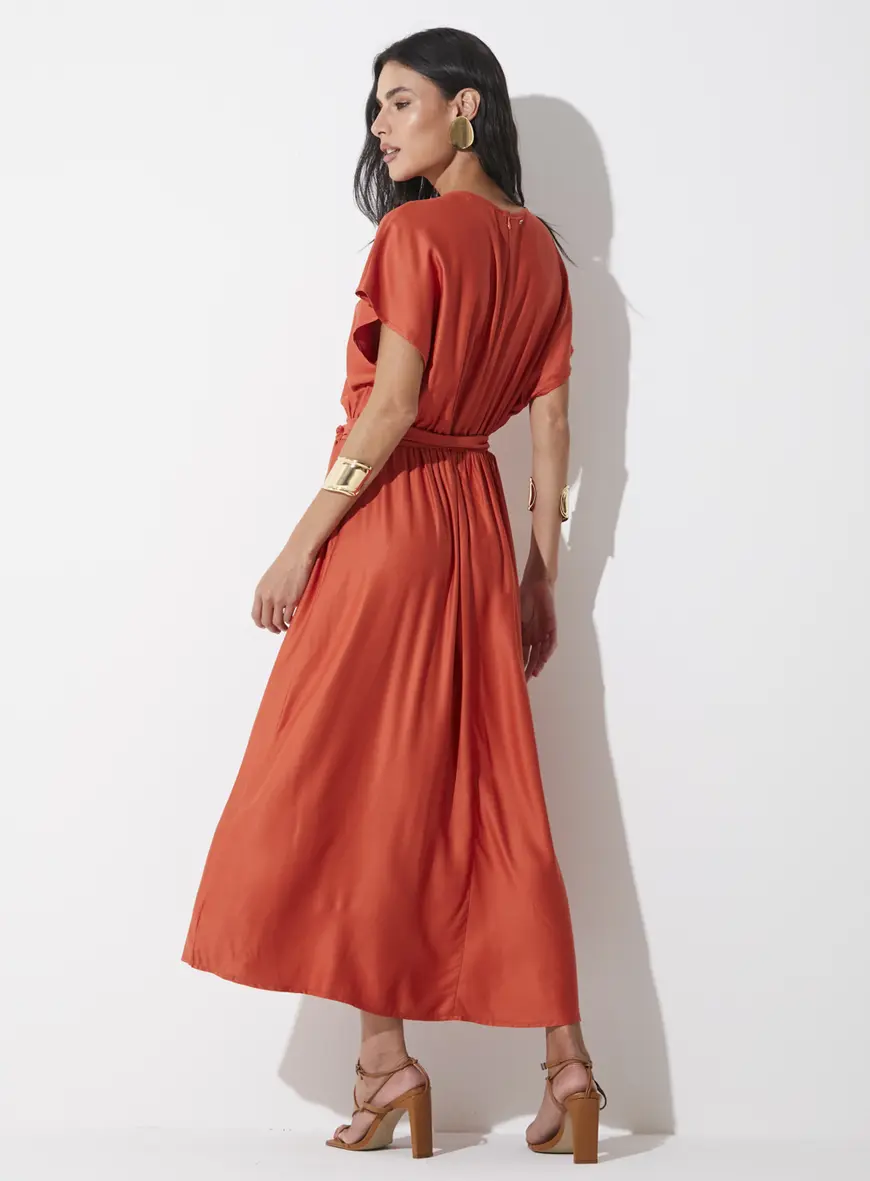 Vestido Midi Evasê Com Cinto Para Amarrar Laranja 2