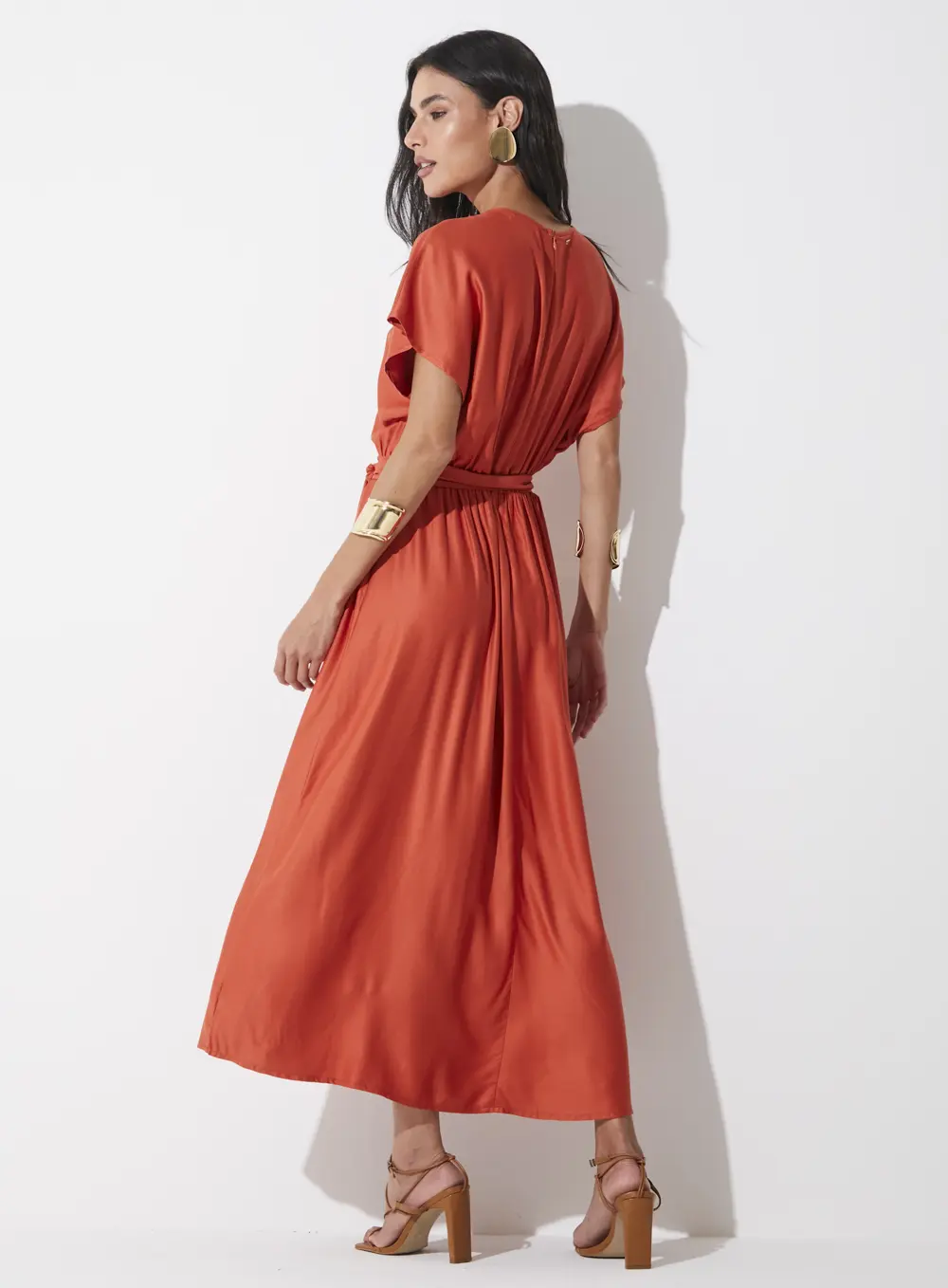 Vestido Midi Evasê Com Cinto Para Amarrar Laranja 2