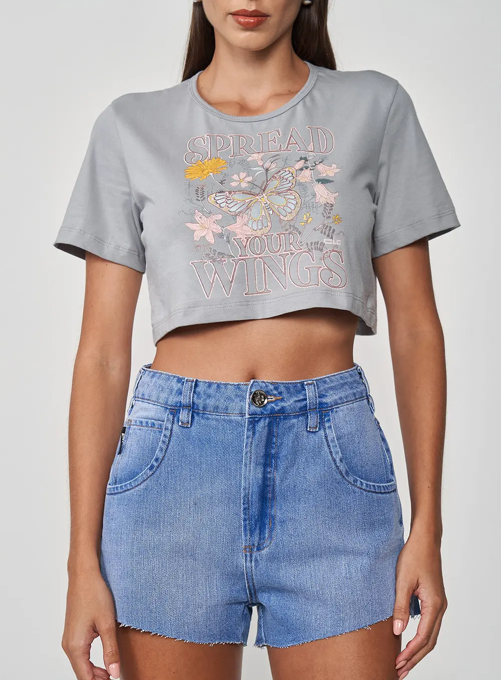 Camiseta Estampada Cropped Cinza Pewter 1