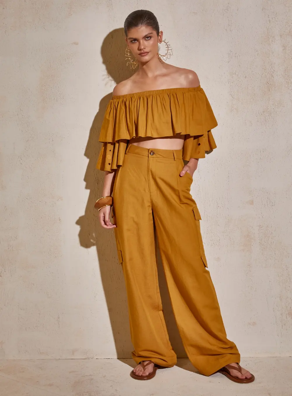 Calça Linho Cargo Marrom Ebbela