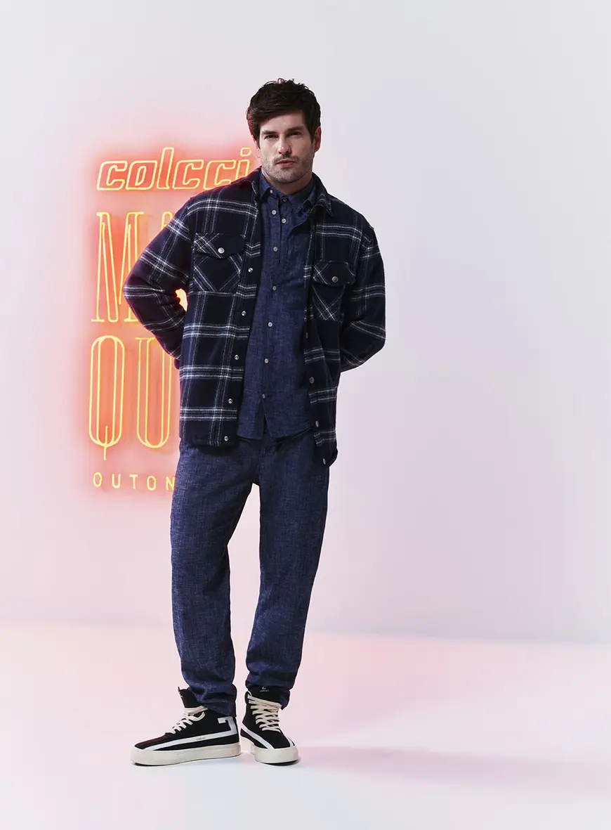 Camisa Xadrez Jaqueta Jeans Jaqueta Xadrez Manga Longa Com Bolsos