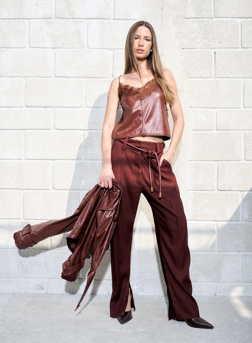 Calça Linho Com Fenda Marrom 1