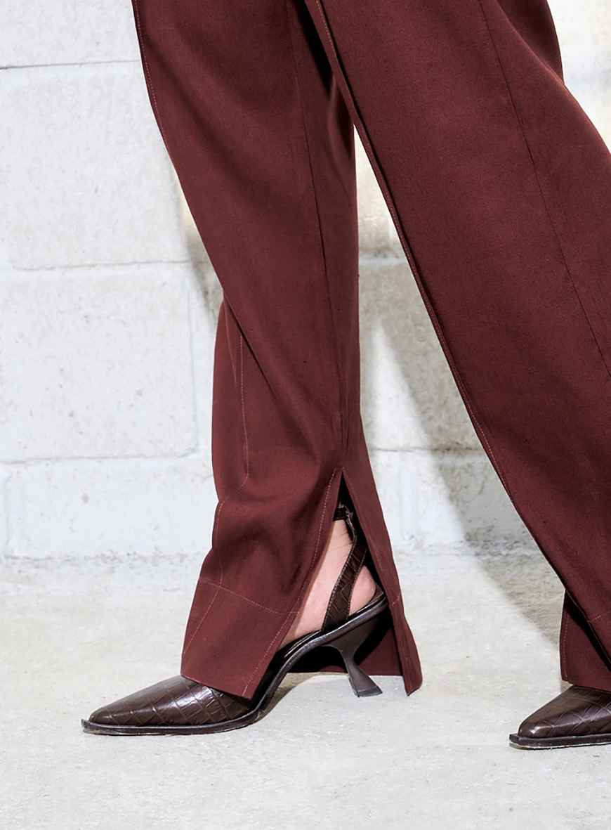 Calça Linho Com Fenda Marrom 3