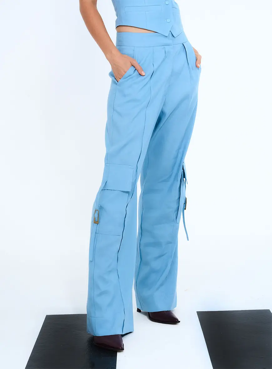 Calça Cargo Com Detalhes Azul 3