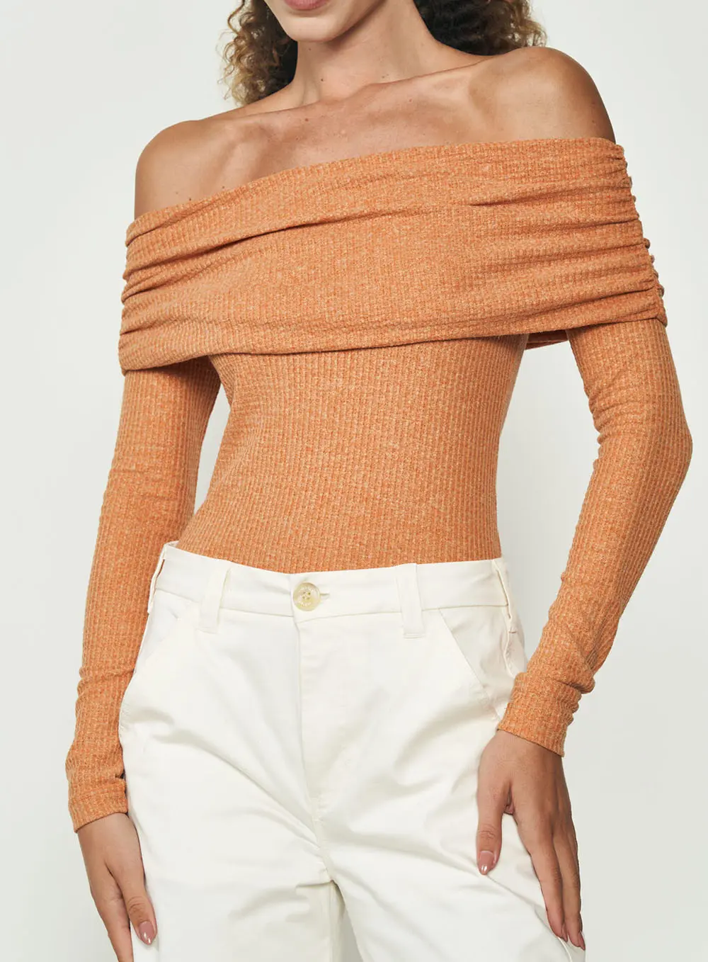 Blusa Ombro A Ombro Drapeada Canelada Laranja