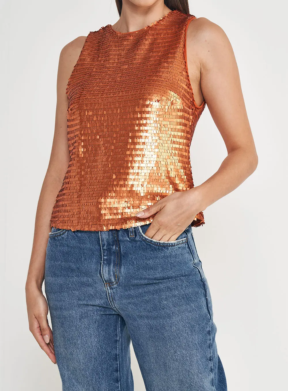 Blusa Paetê Reta Fechamento Por Zíper Nas Costas Laranja