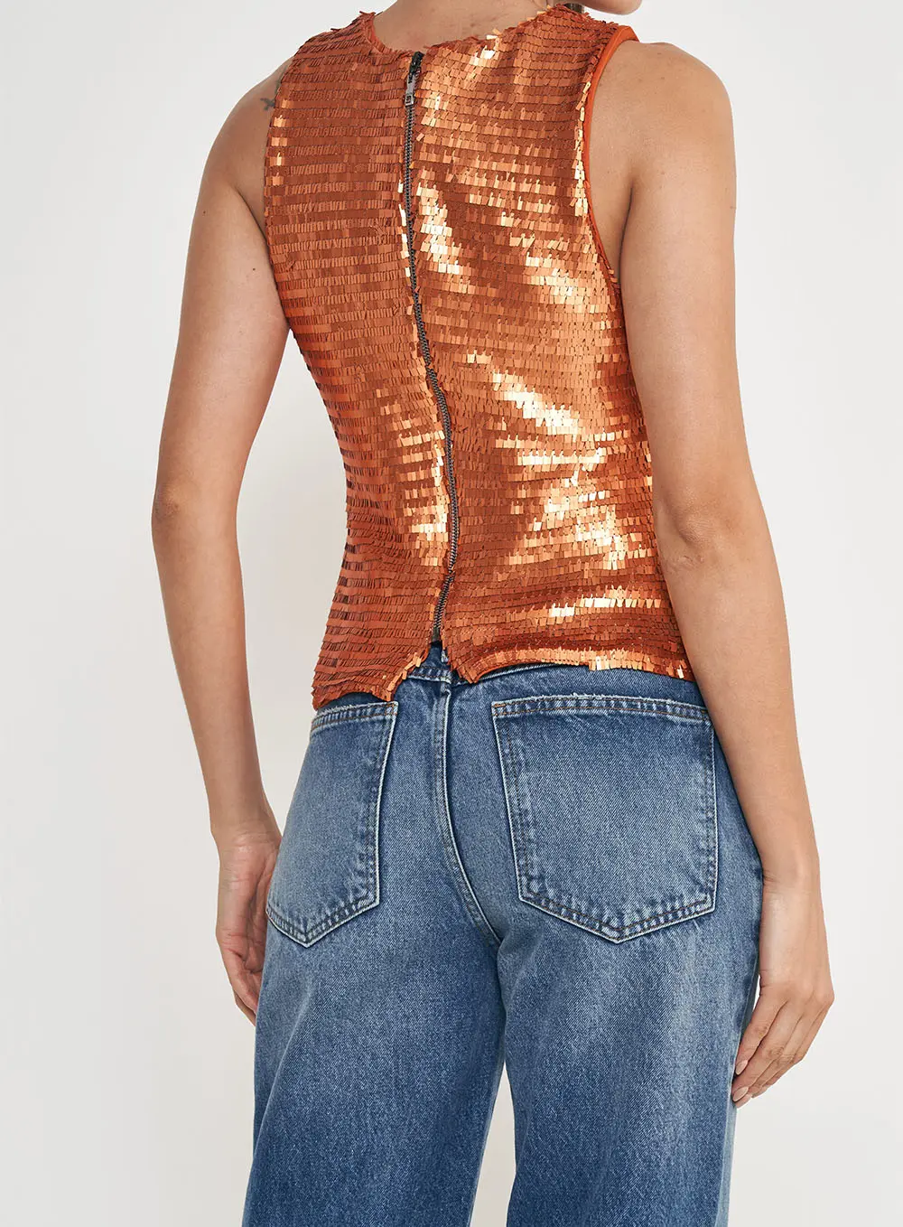 Blusa Paetê Reta Fechamento Por Zíper Nas Costas Laranja