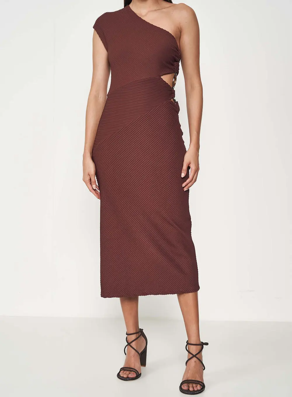 Vestido Midi Slim Com Recortes Marrom