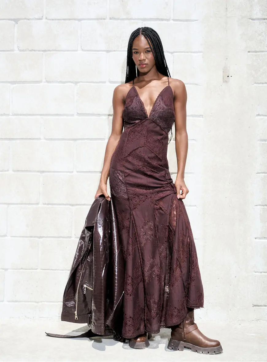 Vestido Longo Com Renda Marrom 1