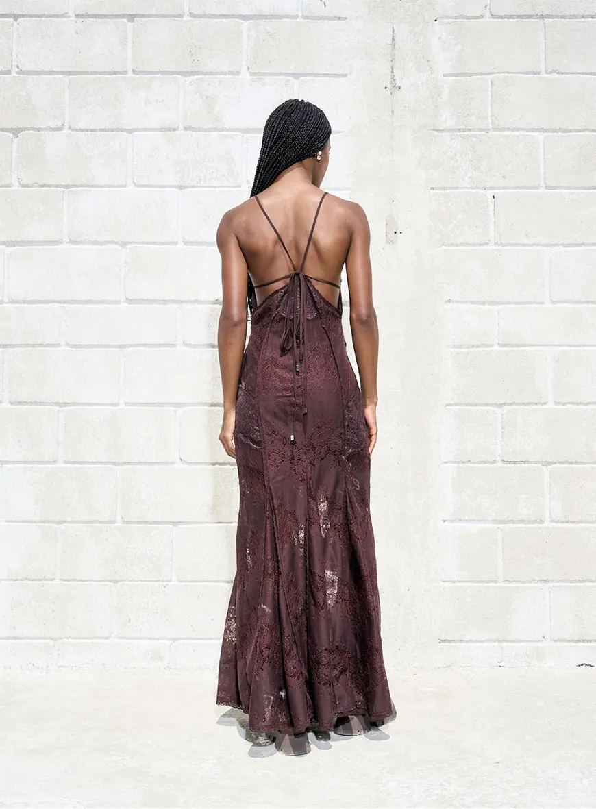 Vestido Longo Com Renda Marrom 4