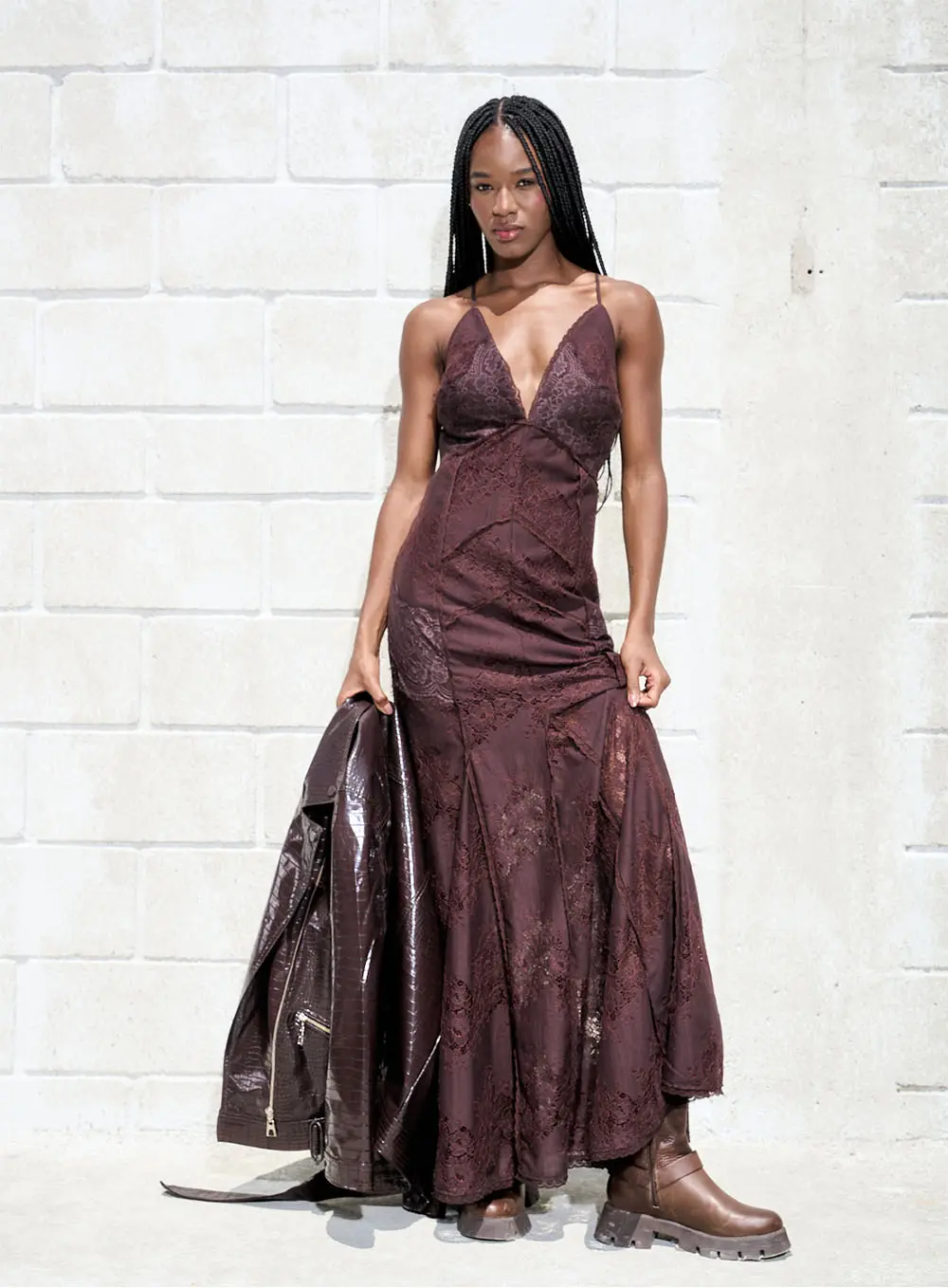Vestido Longo Com Renda Marrom 2