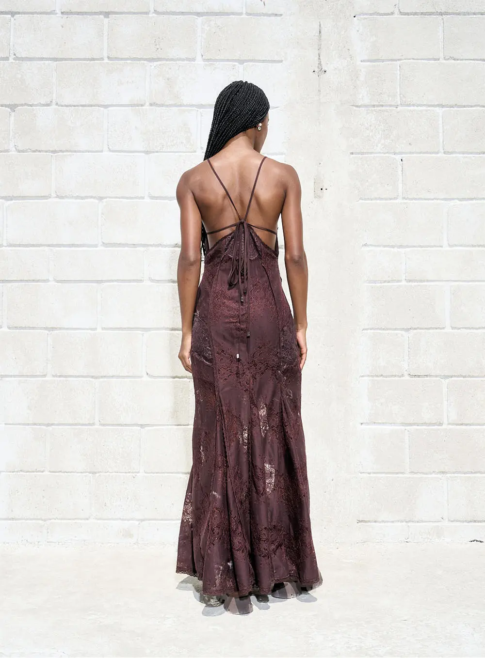 Vestido Longo Com Renda Marrom 4