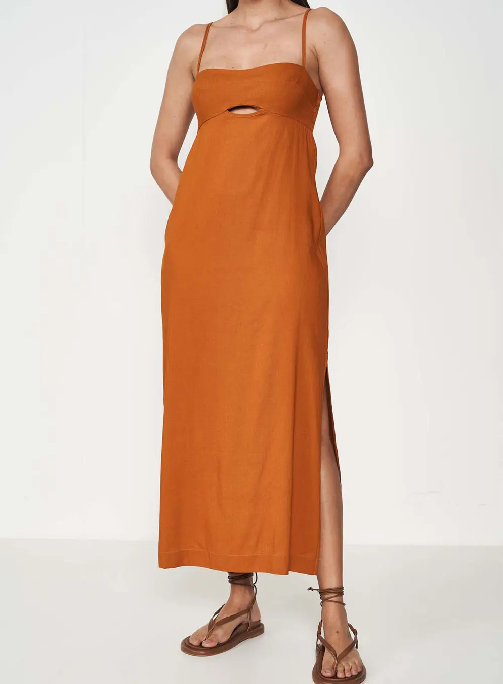 Vestido Longo Linho Com Recorte Amarelo Pumpkin