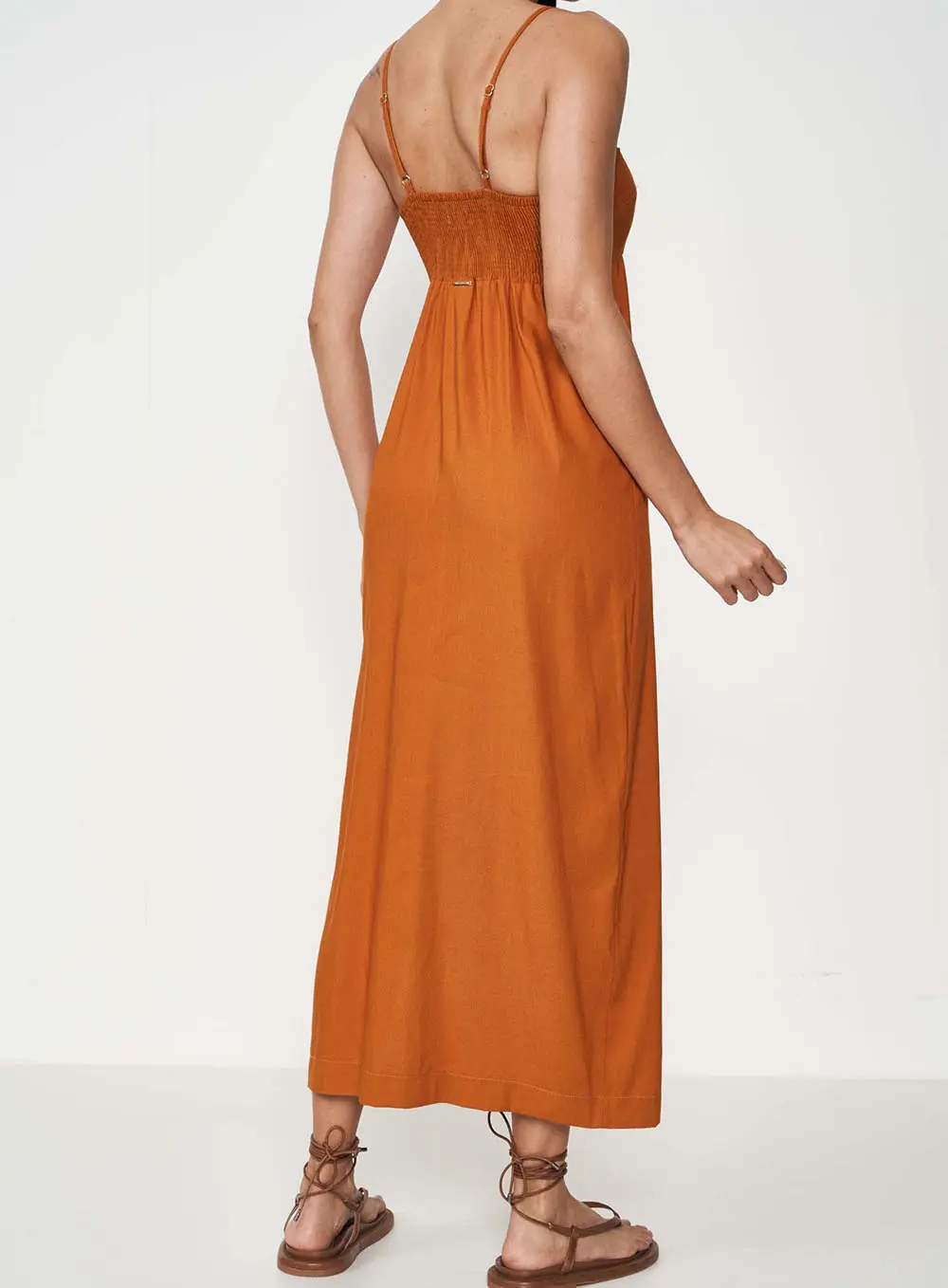 Vestido Longo Linho Com Recorte Amarelo Pumpkin