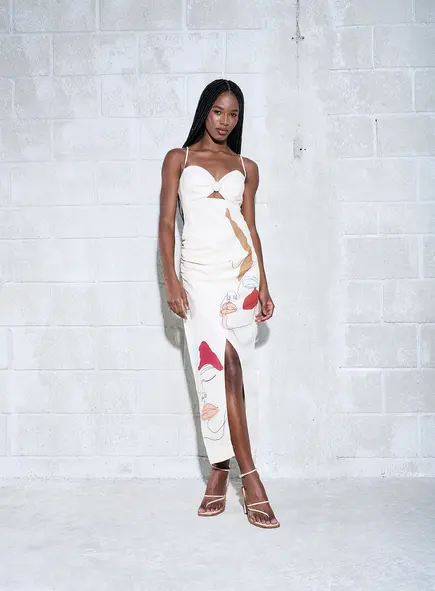 Vestido Linho Estampado Com Fenda Lateral