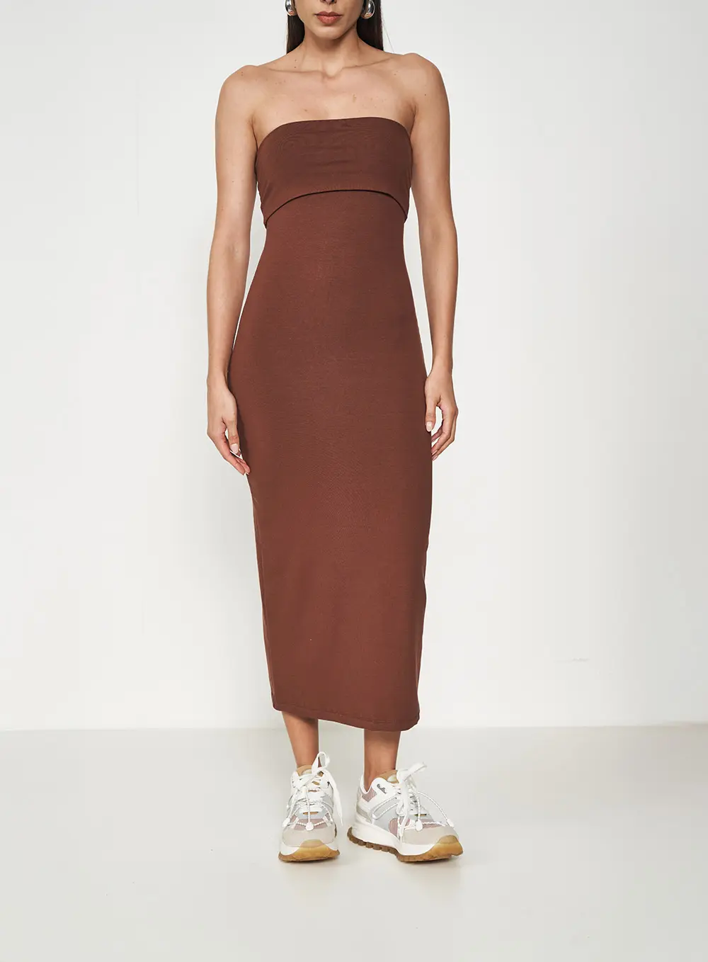 Vestido Midi Decote Com Dobra Marrom 1