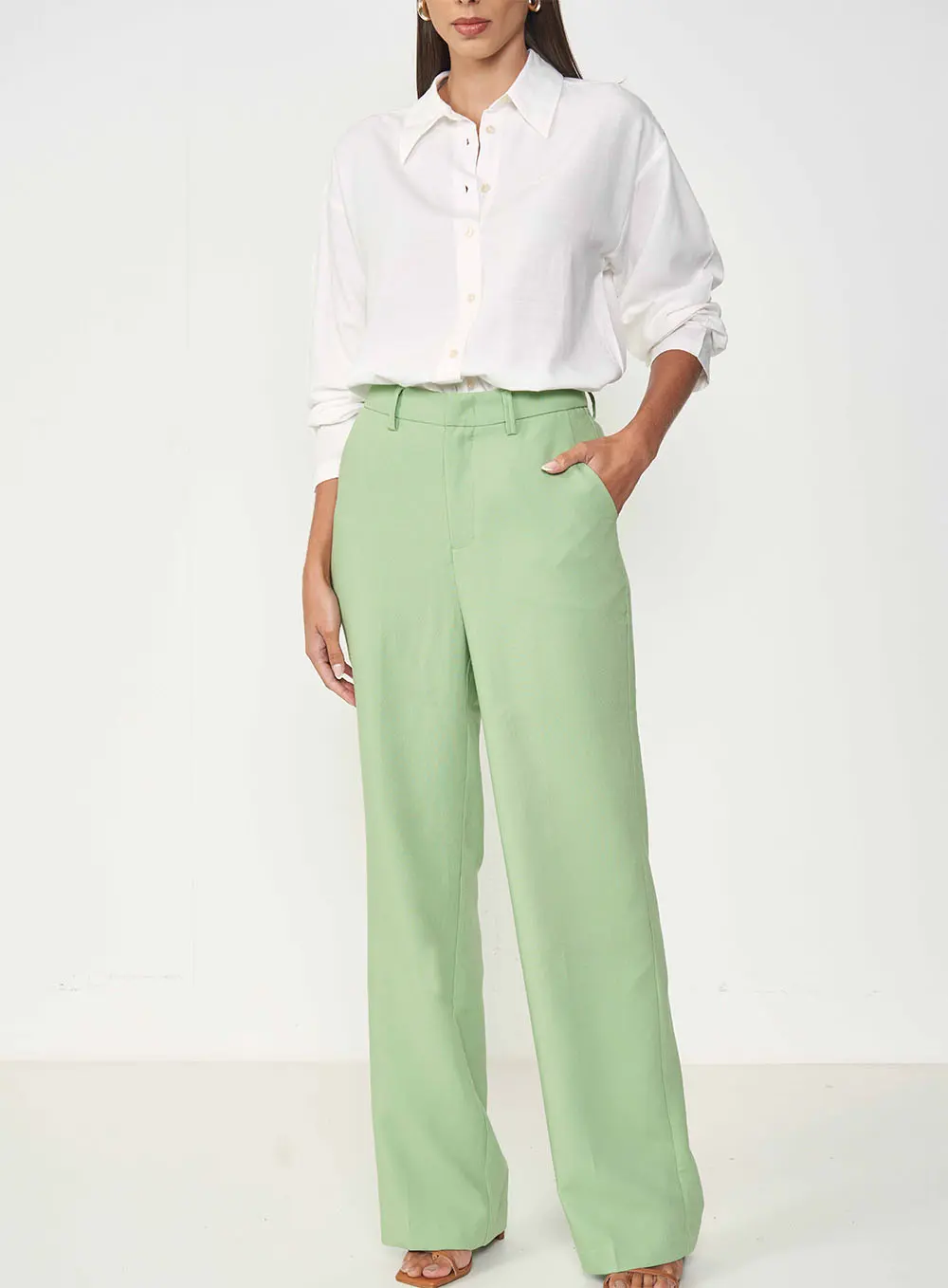Calca Reta Joana Alfaiataria Bolsos Com Lapelas Rosa
