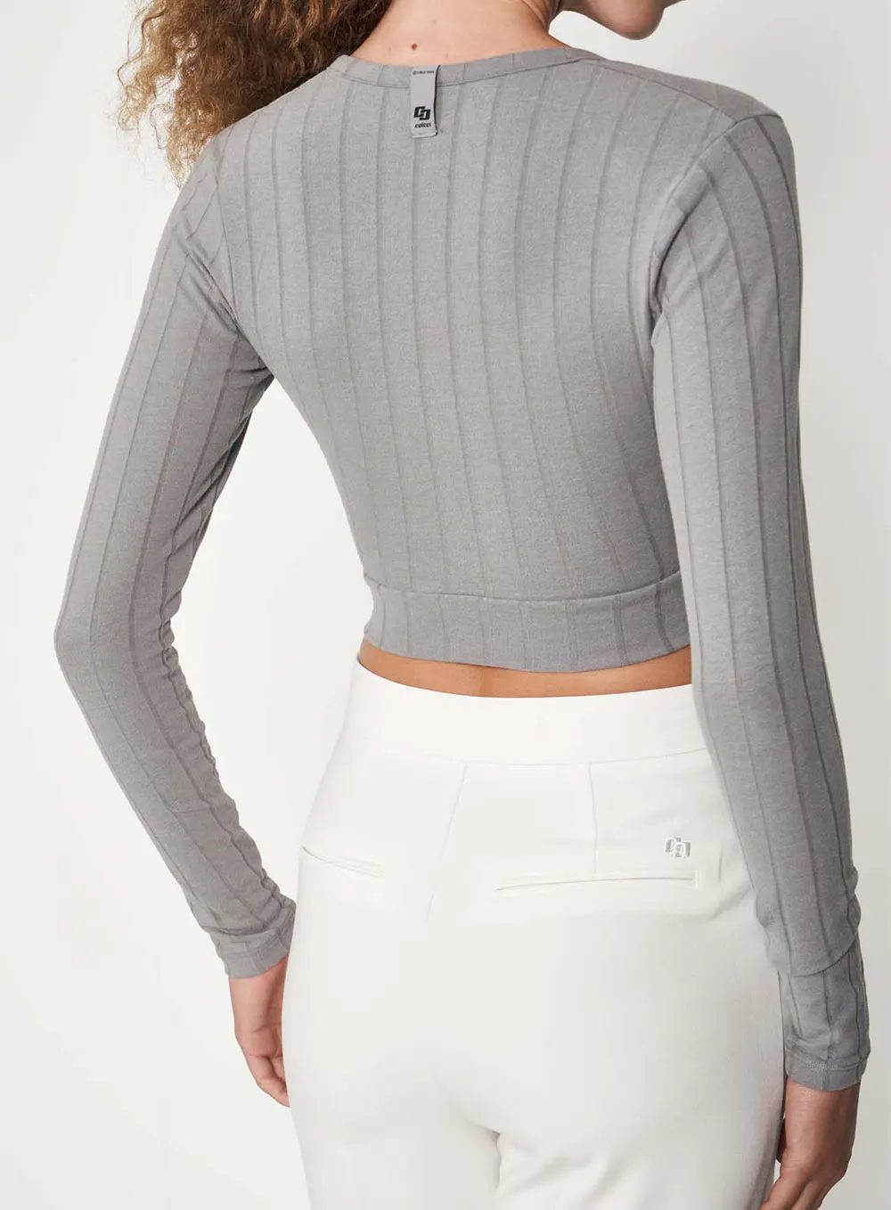 Blusa Cropped Canelada Com Transpase Cinza