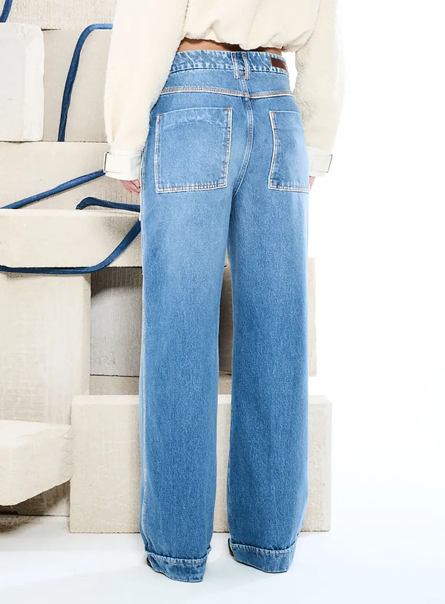 Calça Jeans Wide Leg Indigo Com Bolsos Utilitários Índigo 4
