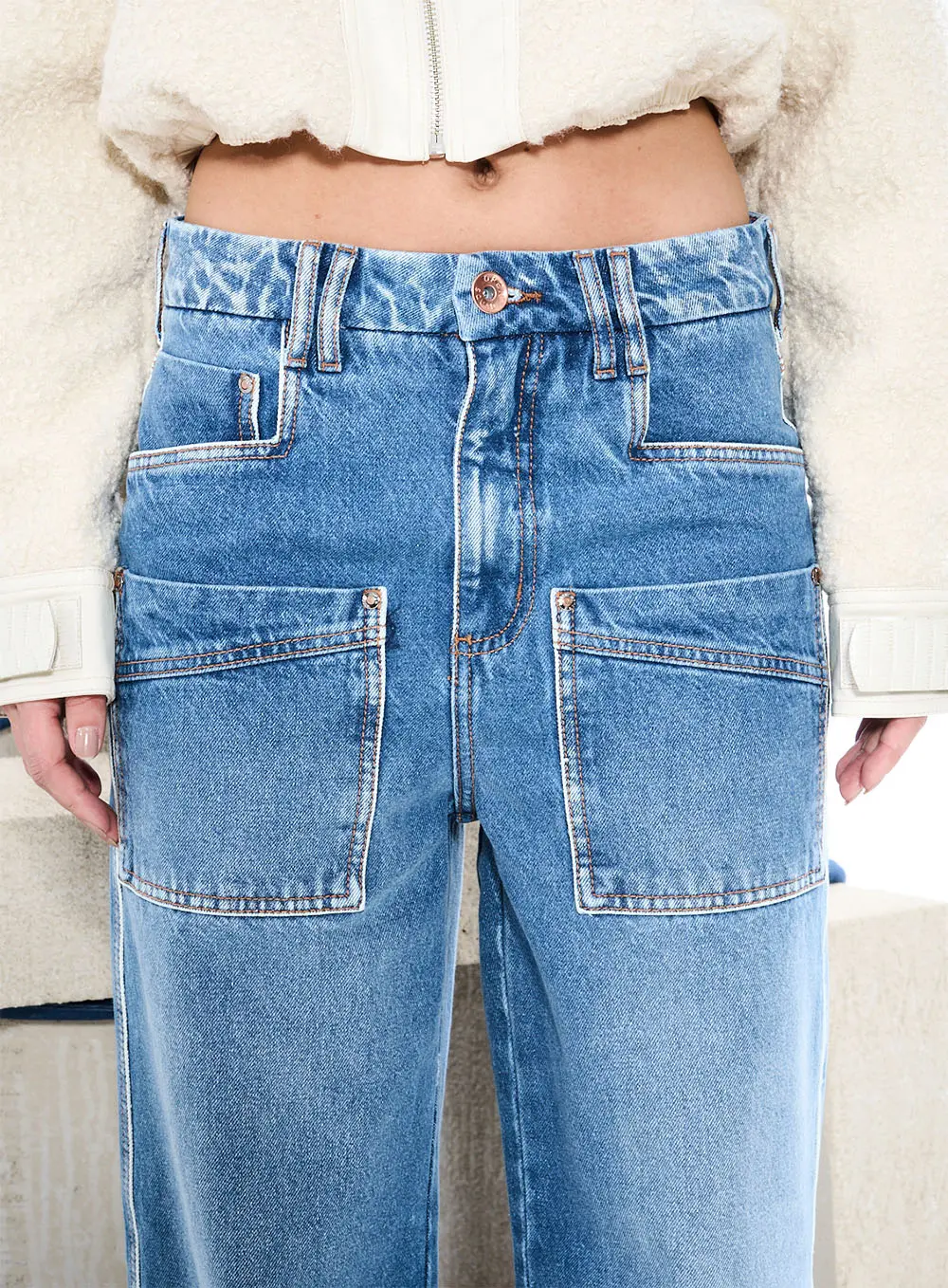 Calça Jeans Wide Leg Indigo Com Bolsos Utilitários Índigo 3