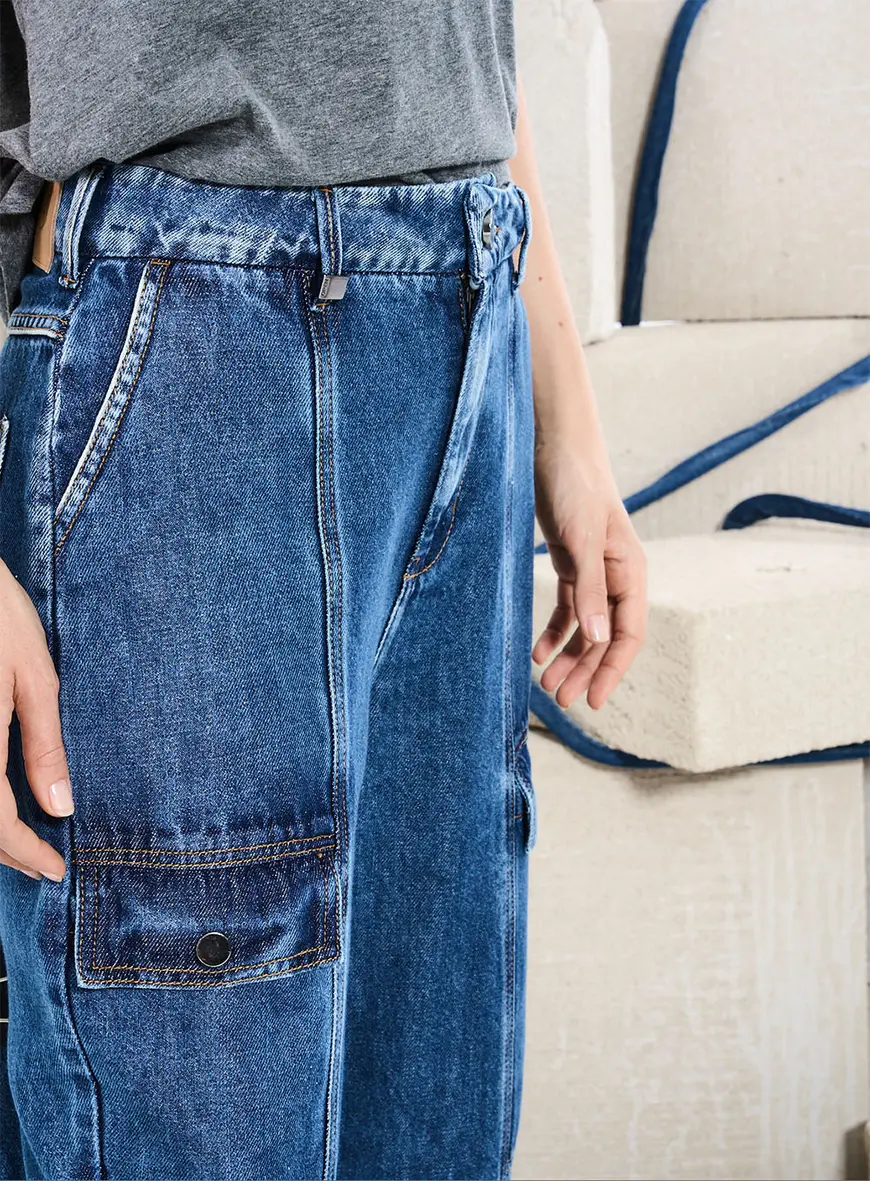 Calça Jeans Cargo Com Amarração Índigo 3