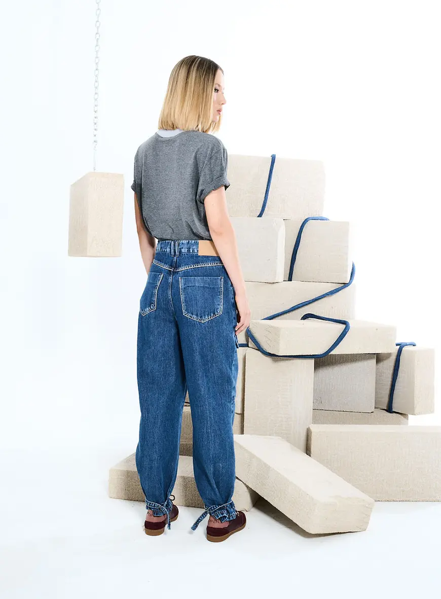 Calça Jeans Cargo Com Amarração Índigo 4