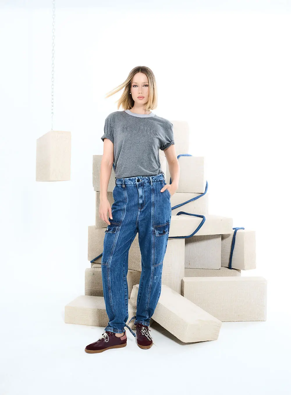 Calça Jeans Cargo Com Amarração Índigo 1