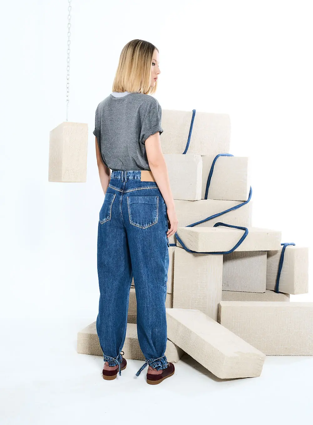 Calça Jeans Cargo Com Amarração Índigo 4
