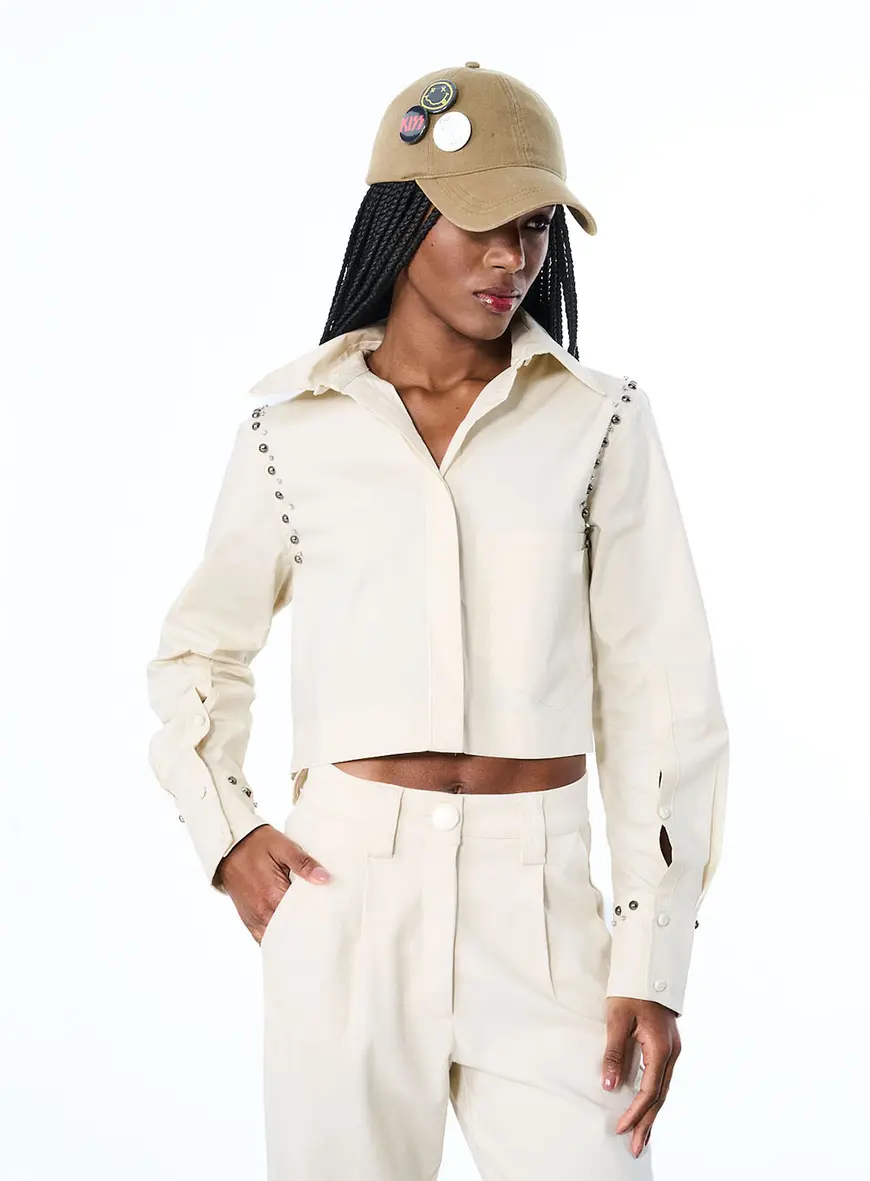 Camisa Cropped Com Metal Bege 1