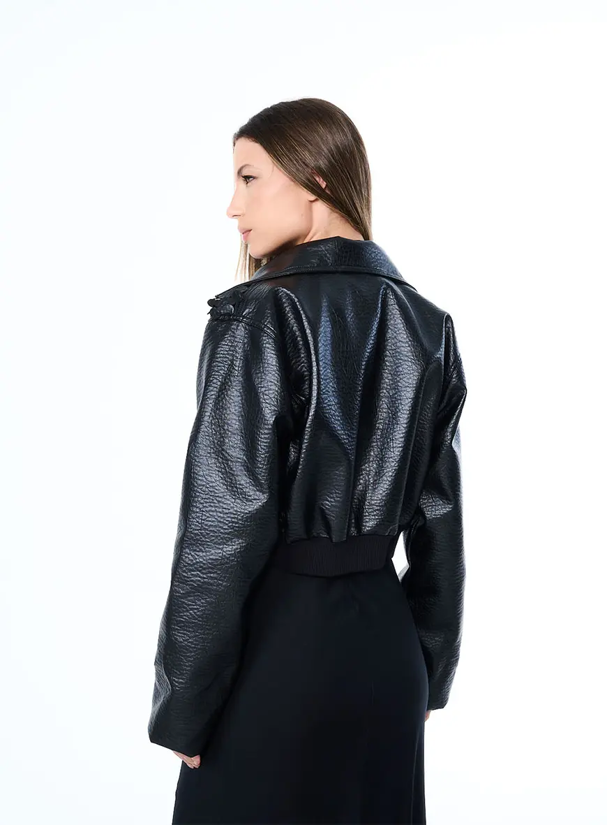 Jaqueta Cropped Com Escamas Preto 3