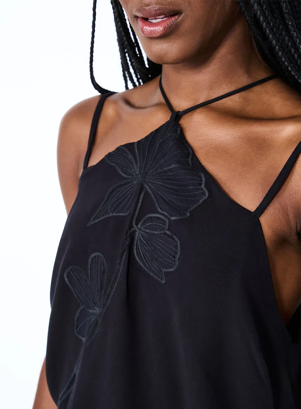 Regata Decote Assimétrico Flor Preto 2