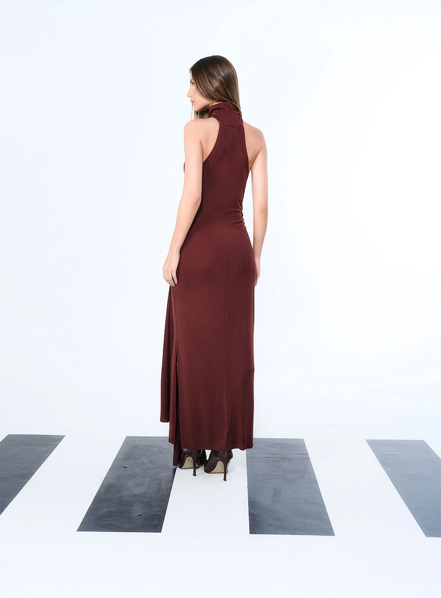 Vestido Longo Halter Com Detalhe Em Amarração Marrom Terracota 4