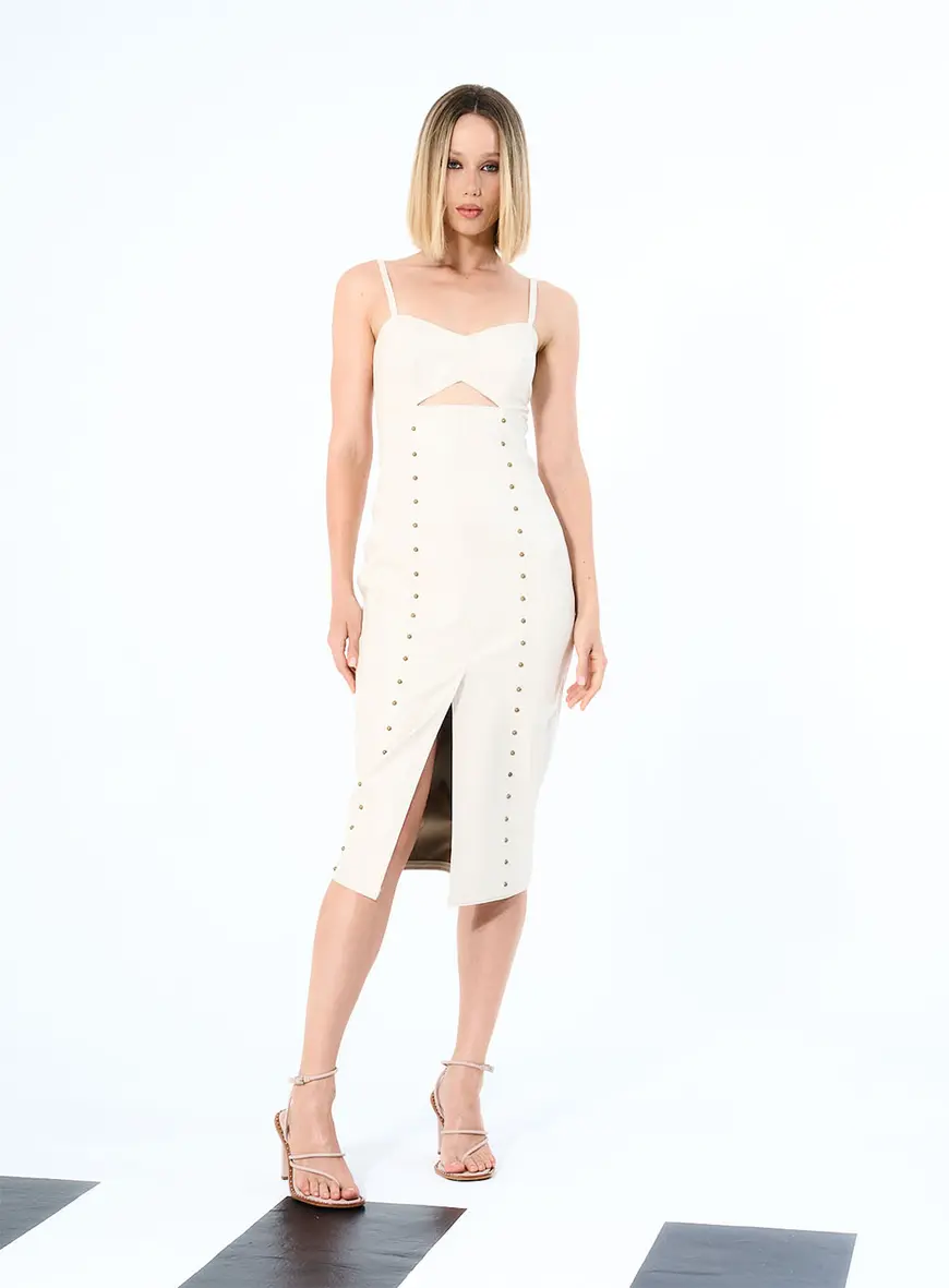 Vestido Com Bordado Manual Metalizado Bege 2