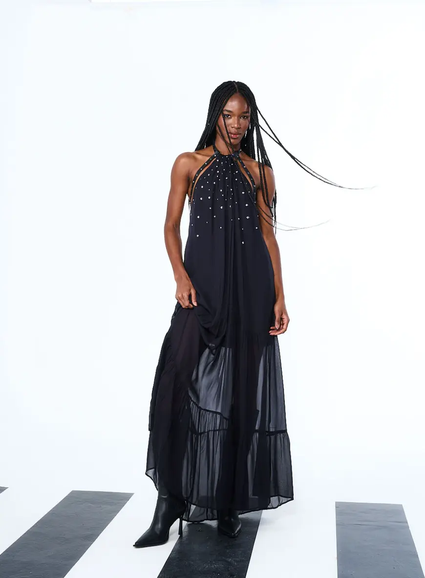Vestido Halter Longo Com Aplicação Preto 1