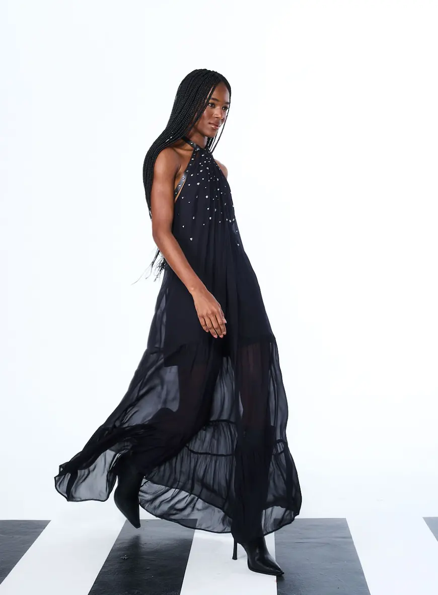 Vestido Halter Longo Com Aplicação Preto 5