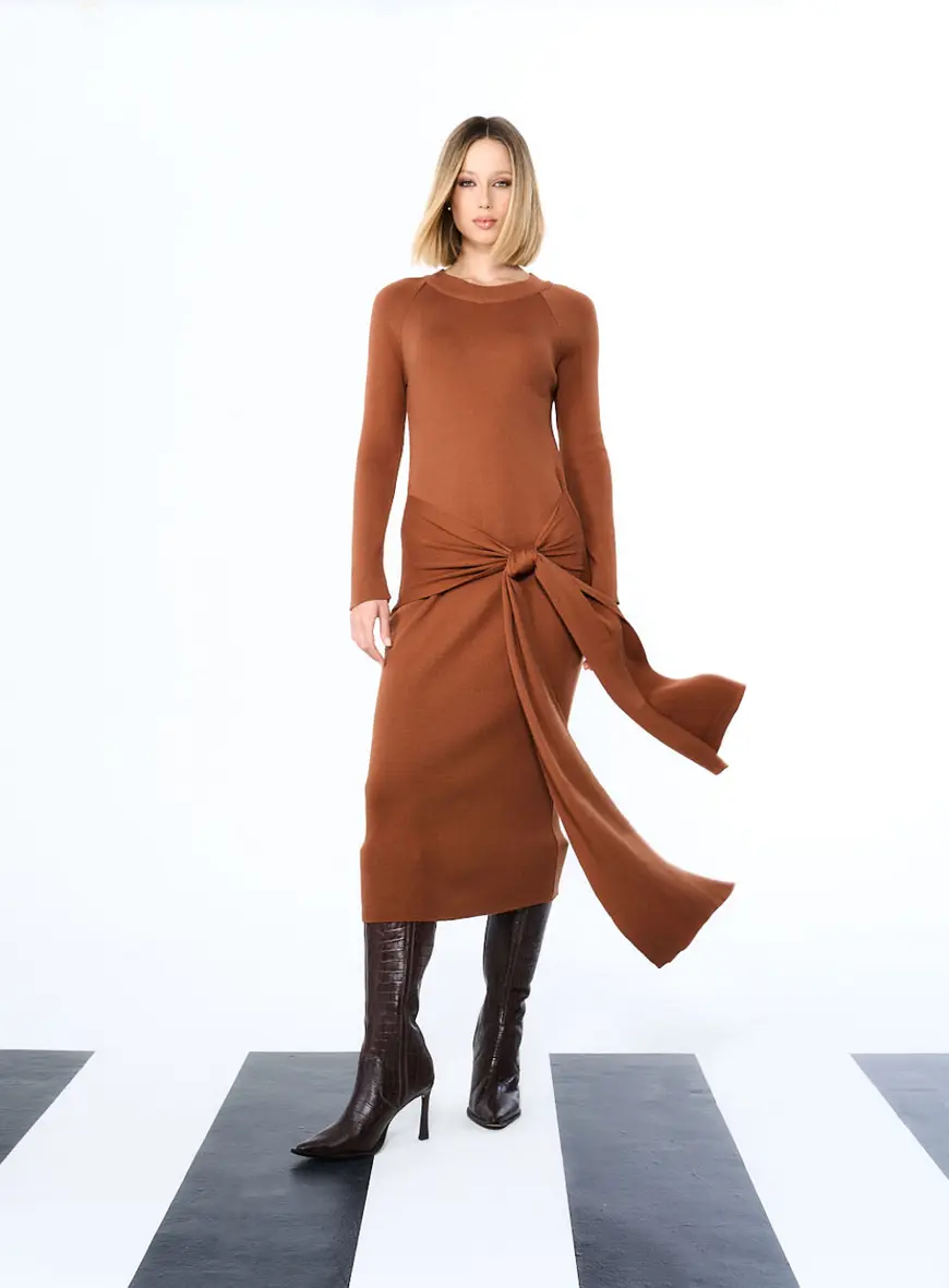 Vestido Tricô Com Detalhe Em Amarração Marrom 1