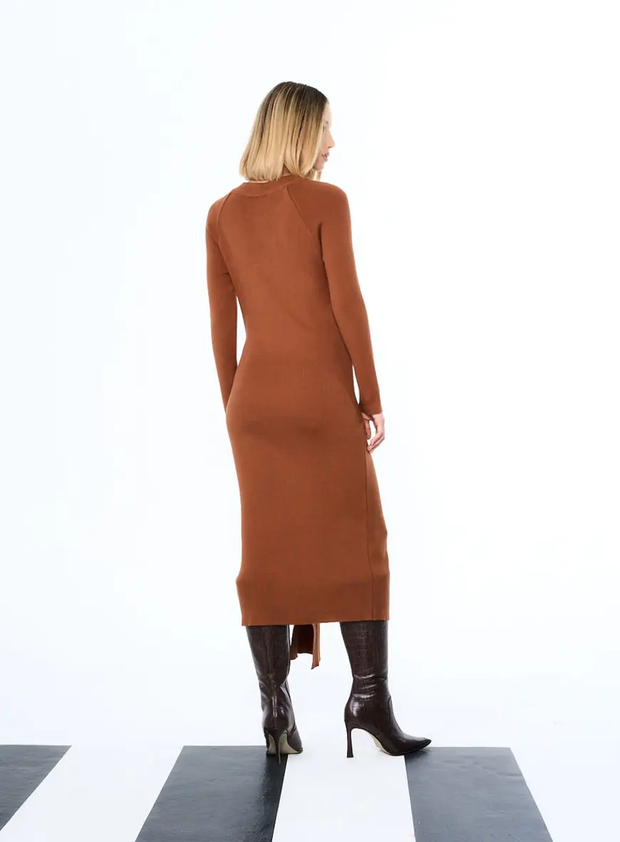 Vestido Tricô Com Detalhe Em Amarração Marrom 2