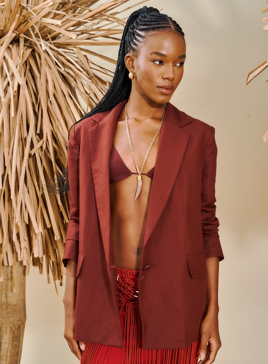 Blazer Feminino Alfaiataria Em Linho Basic Fit Marrom Terracota 2