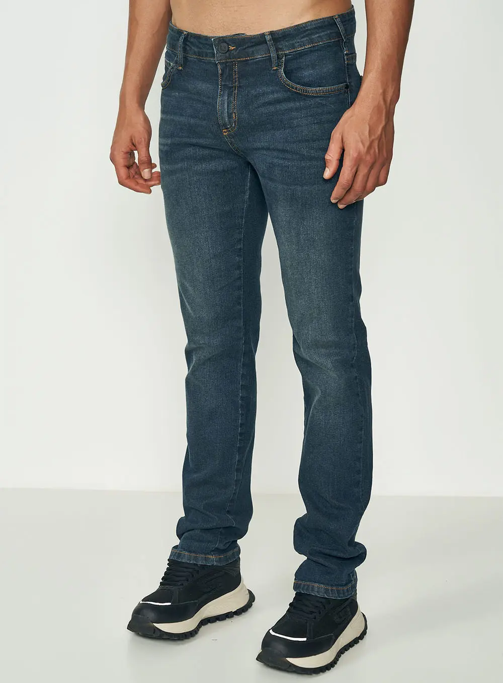Calça Jeans Masculina Slim Azul Escuro Estonado Índigo