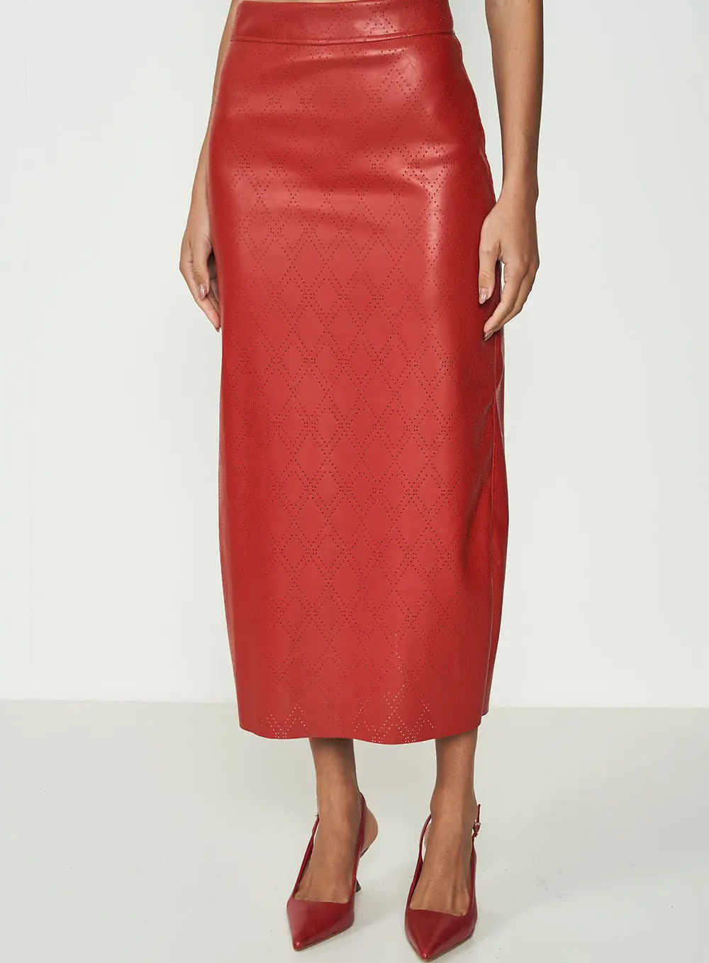 Saia Midi Vermelha Com Detalhes Vazados Vermelho