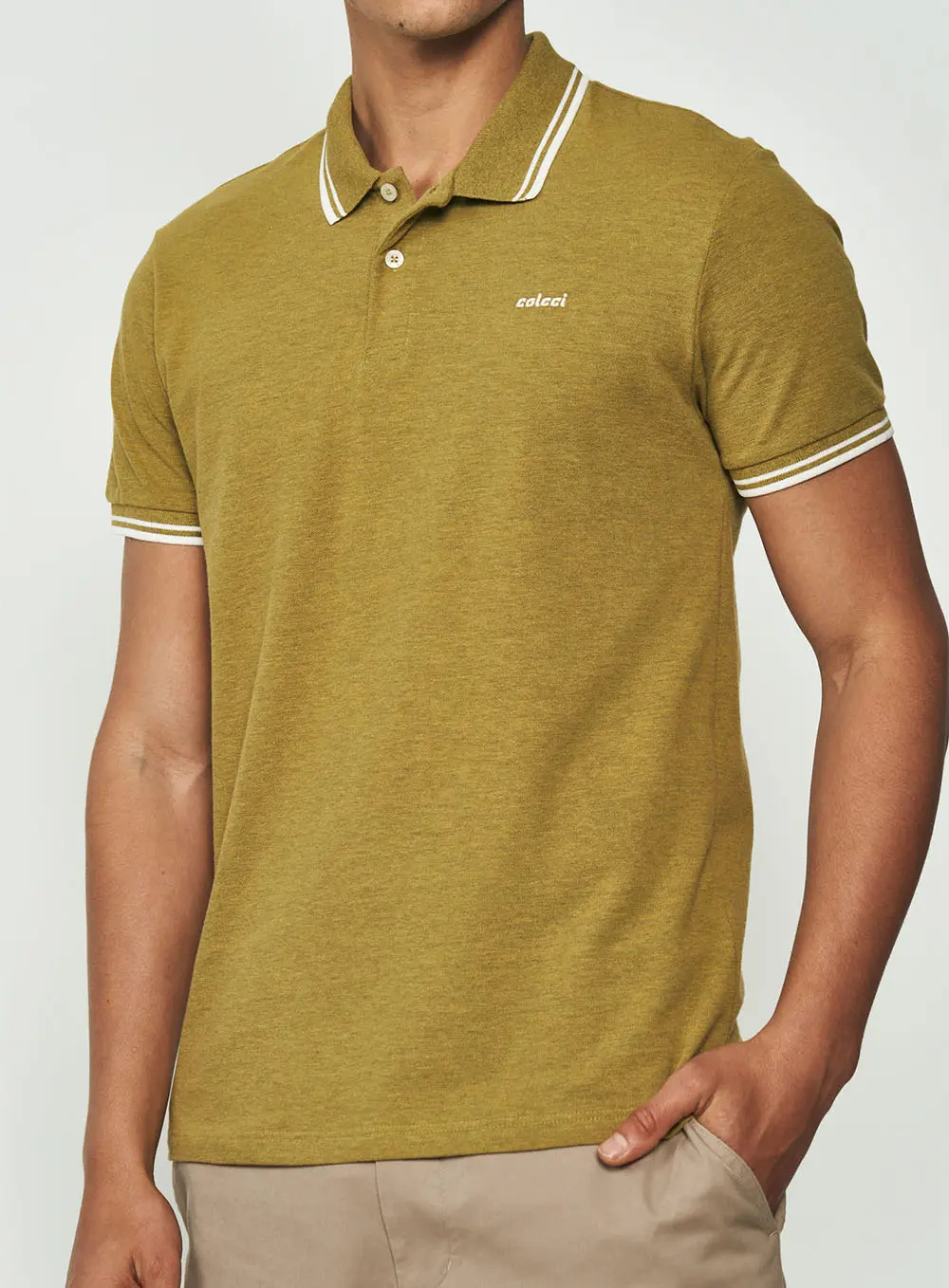 Polo Masculina Detalhe Em Listras Na Manga E Gola Verde Biome