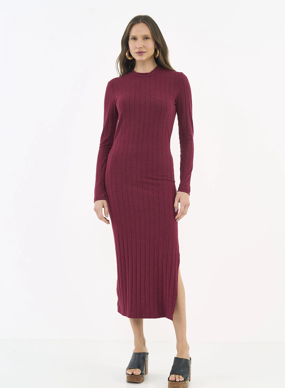 Vestido Midi Canelado Manga Longa Bordô