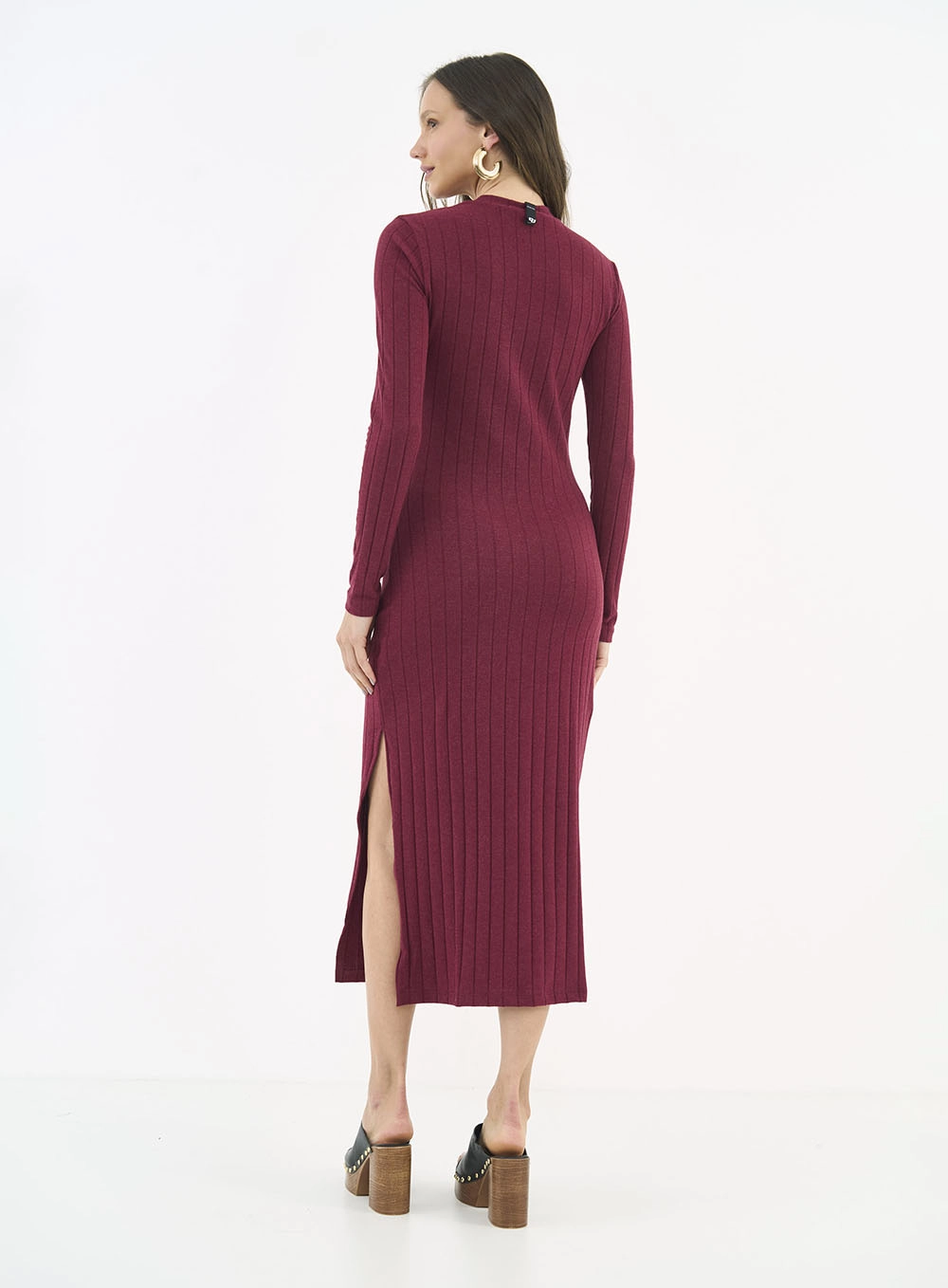 Vestido Midi Canelado Manga Longa Bordô
