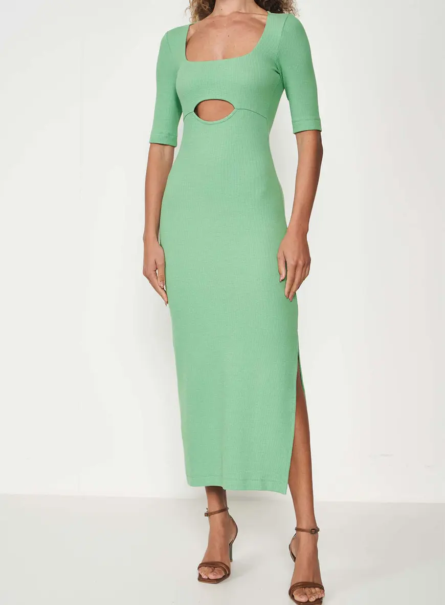 Vestido Midi Canelado Com Recorte