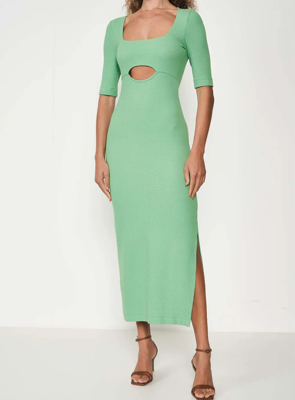 Vestido Midi Canelado Com Recorte Verde Veggir