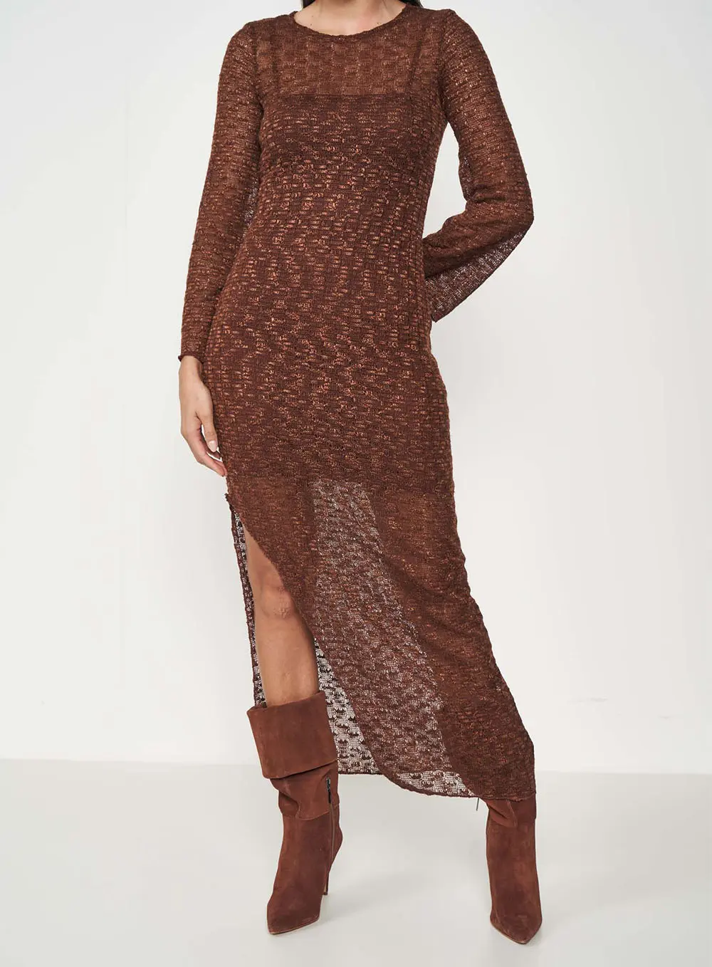 Vestido Longo Com Transparência Marrom