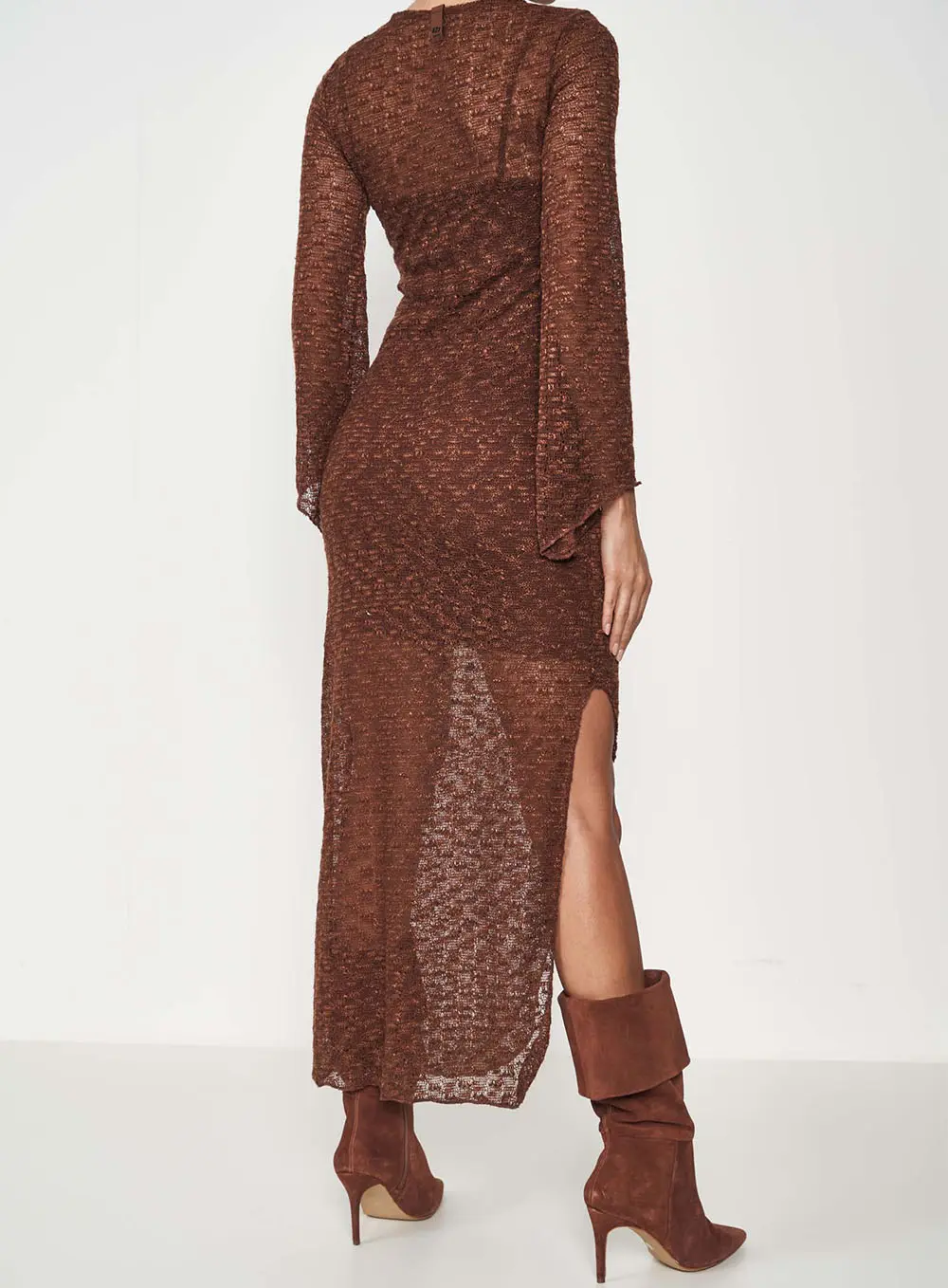 Vestido Longo Com Transparência Marrom